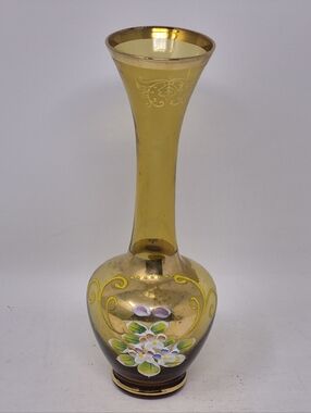 Vintage Amber Glass Vase Enamel Florals Hand Painted